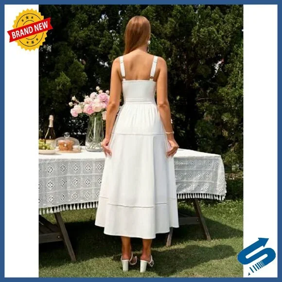 Summer Corset Midi Dress Square Neck Flowy A-Line Wedding Guest - Picture 4 of 8